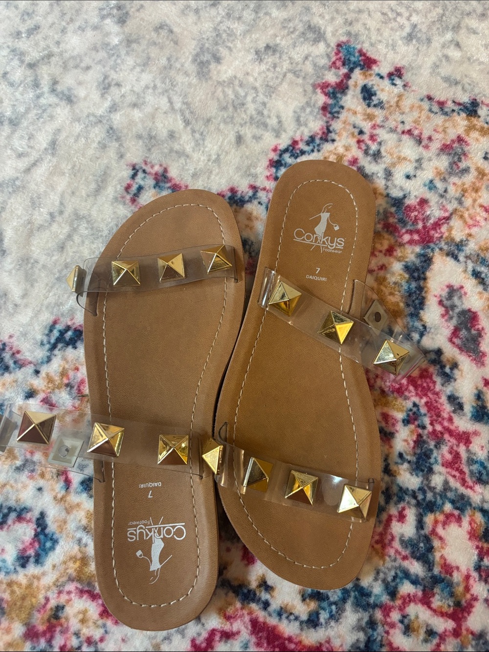 Corkys Clear Strap Slide Sandals with Gold Pyramid Studs - Tan